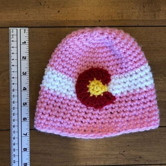 Handmade Pink Knit Beanie With Colorado Flag Design Hat For Toddlers - Picture 4 of 5
